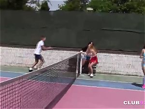four naughty teens inhale and pummel on tennis court